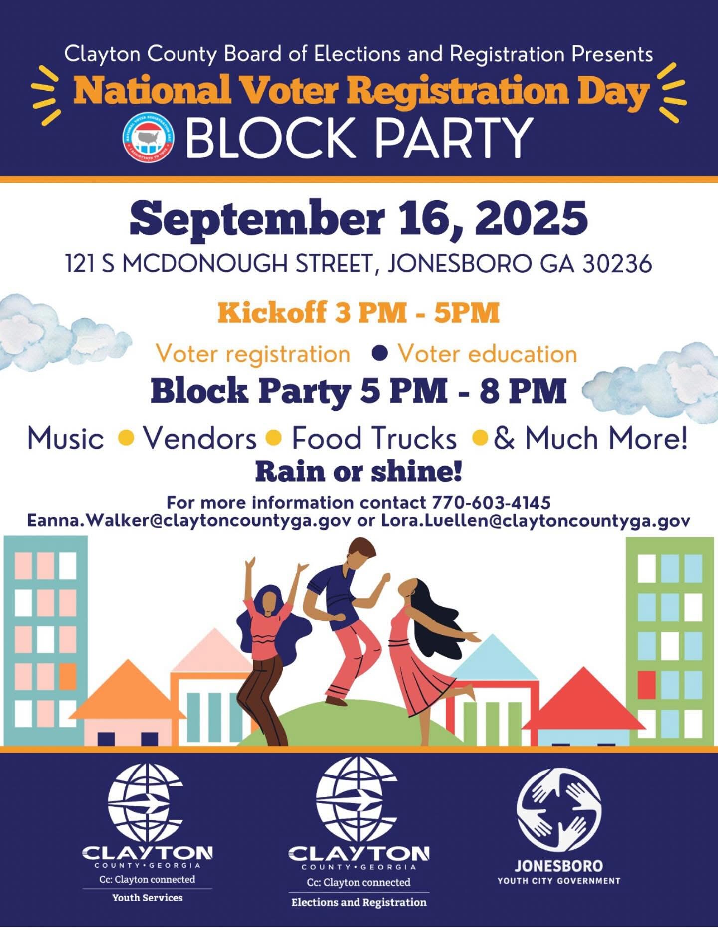 📣 Mark your calendars! Join us for the National Voter Registration Day Block Party on September 16, 2025 at 121 S. McDonough Street, Jonesboro, GA!